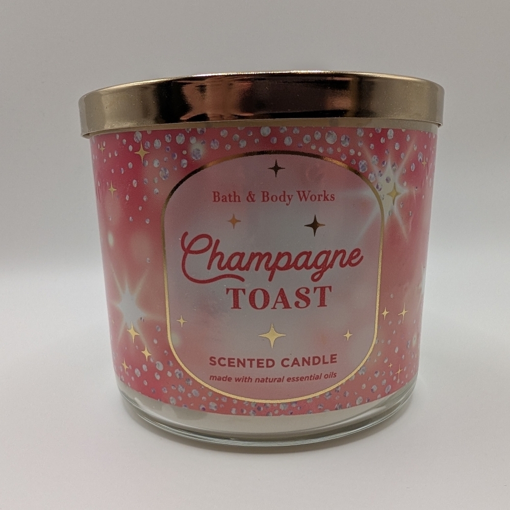 Bath & Body Works 3-Wick Champagne Toast Pink Gold Star Burst Candle 14.5 Oz NWT